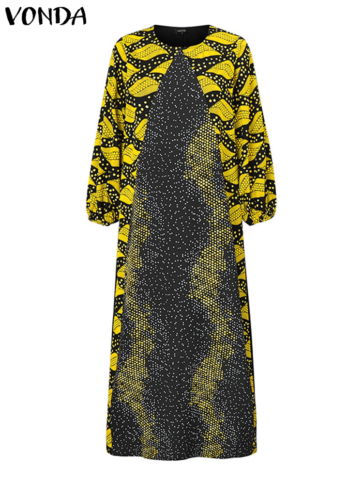 Vonda-女性のボヘミアンマキシロングドレス,ランタンスリーブ,ヴィンテージ,カジュアル,ラウンドネック,ルーズドレス,ラージサイズ,プリント,2024
