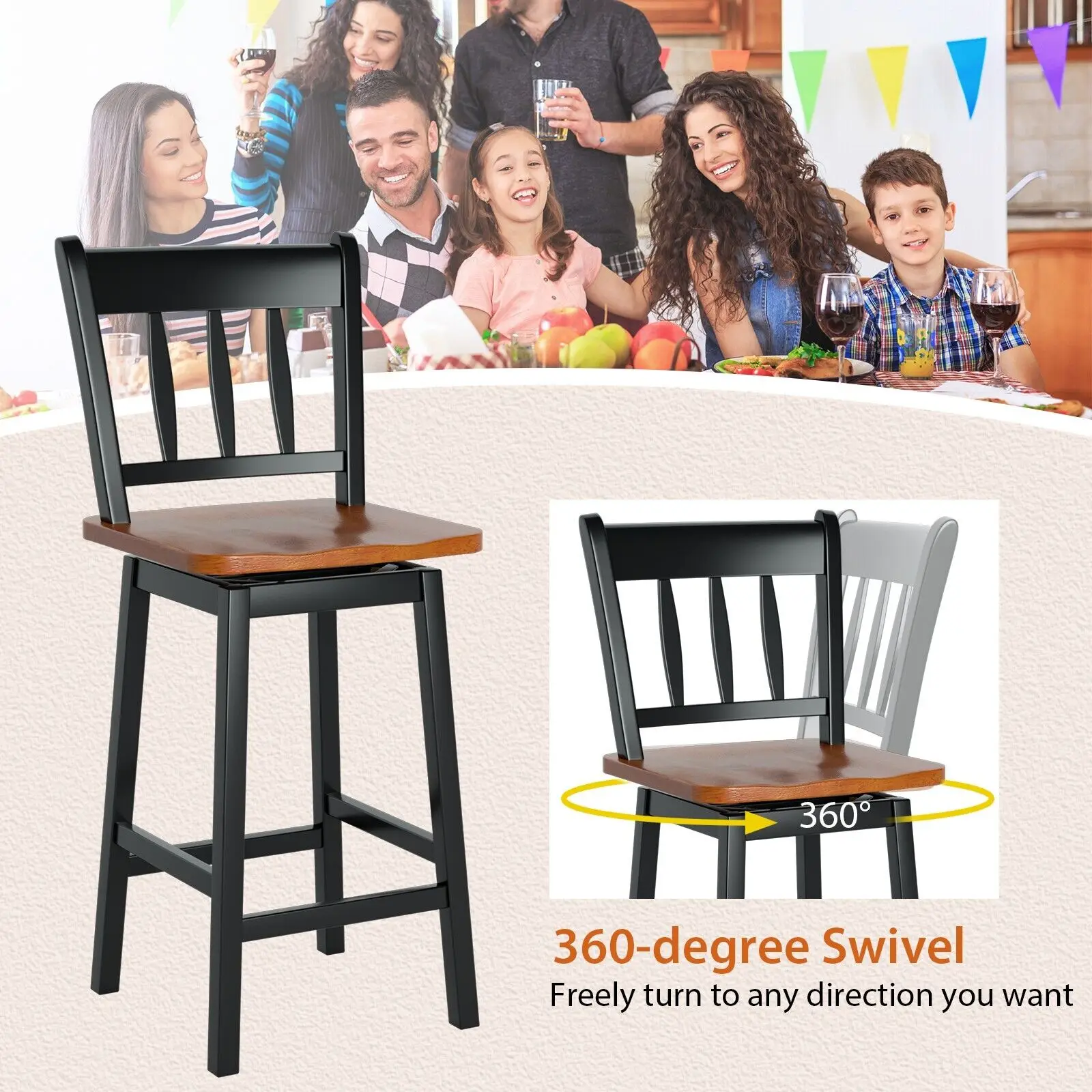 GOFLAME Bar Stools Set of 2 Rubber Wood Swivel Bar Chairs with Backrest & Footrest