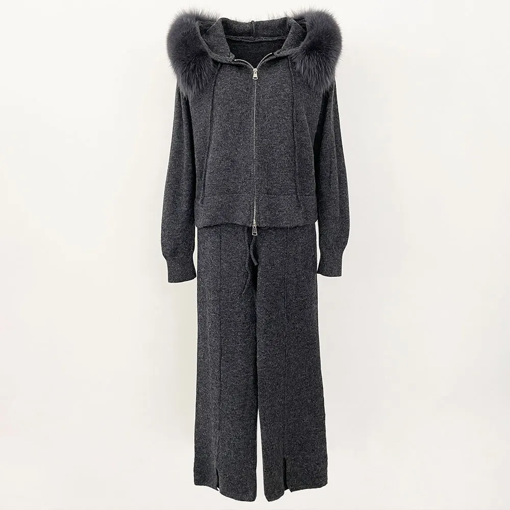 Oftbuy calças de malha jaqueta com capuz com gola de pele de raposa destacável casaco de pele 2024 outono inverno moda camisola terno feminino