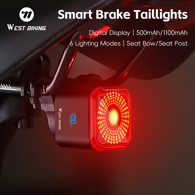 WEST BIKING-luz trasera de bicicleta con detección de freno, pantalla de potencia Digital, arranque/parada automática, luz trasera de larga resistencia, accesorios para ciclismo