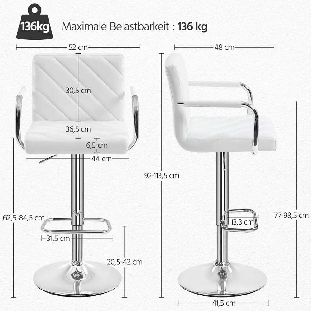 2 taburetes de bar, sillas de barras giratorias de polipiel, altura ajustable con respaldo, reposapiés, reposabrazos para Bar, cocina, hogar, taburete de bar