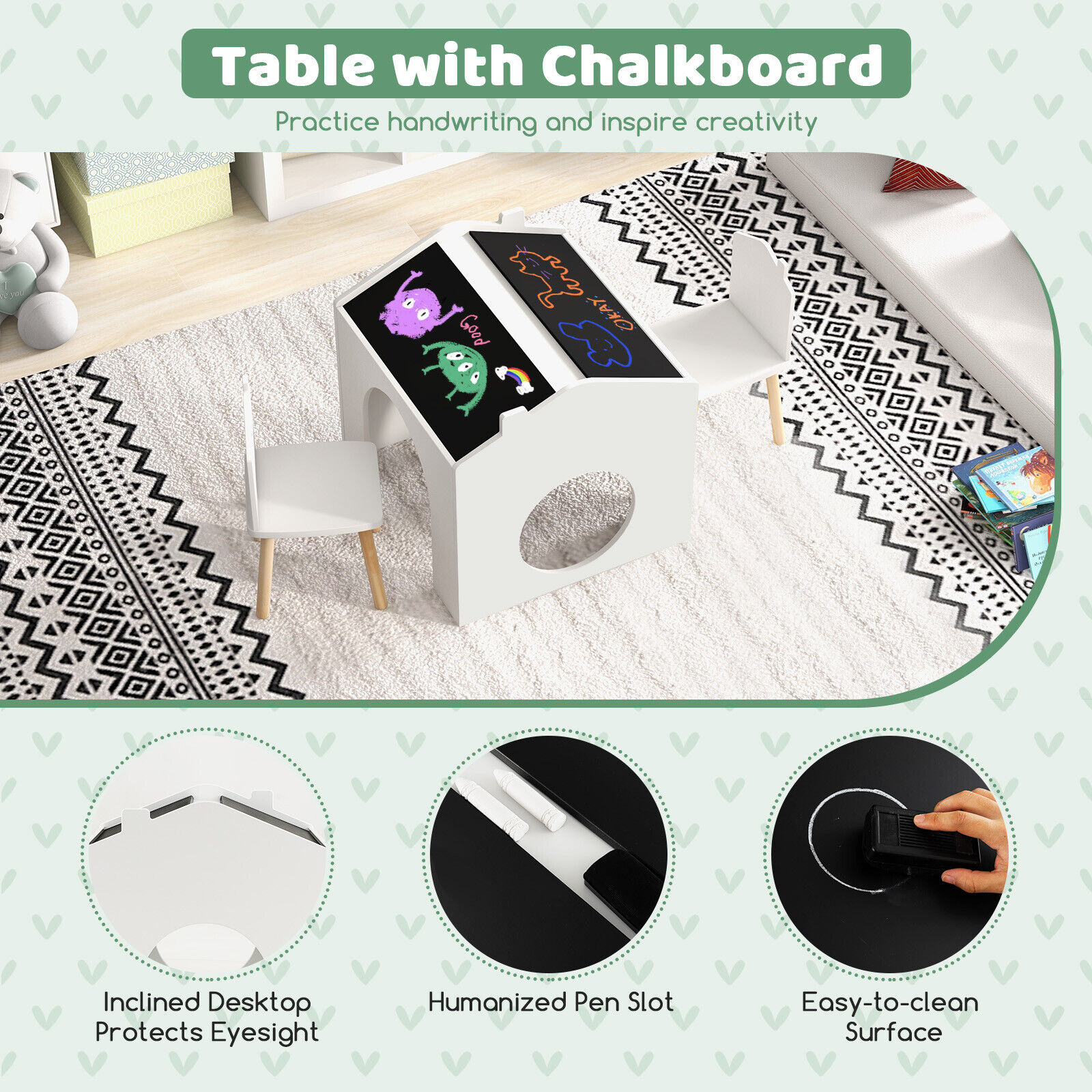 DORTALA 3 Pieces Kids Table and Chair Set Wooden Toddler Activity Art Table Drawing