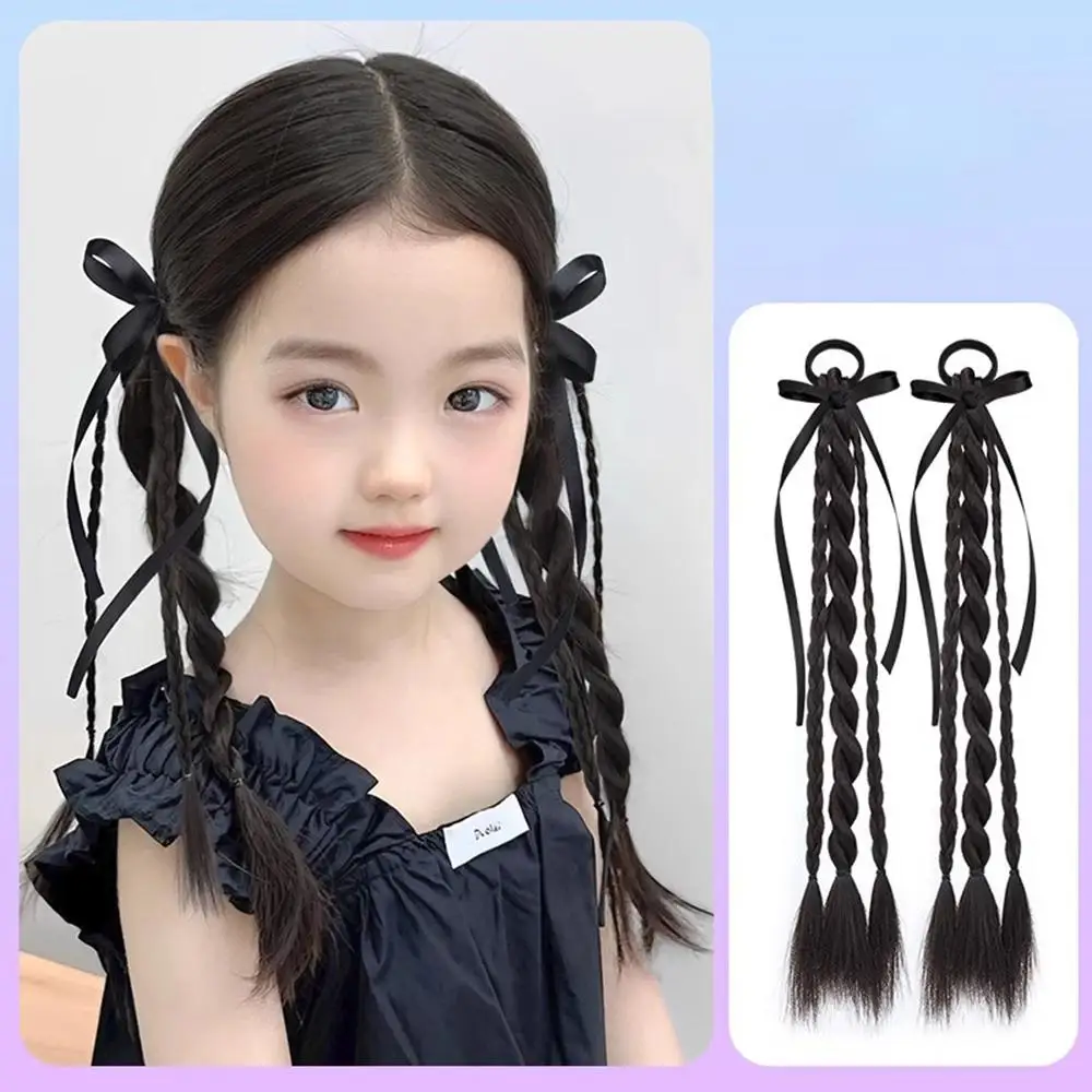 Sintético 2 pc crianças simulação boxe trança dupla rabo de cavalo peruca meninas fita bowknot torção tranças perucas extensão 50cm