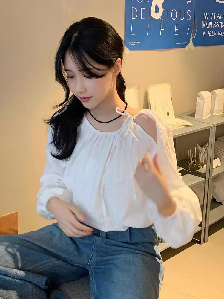 Chic round Neck Long Sleeve Loose Women's Shirt Drawstring Hollow out Design Versatile Fall Fashion Business Casual Sle