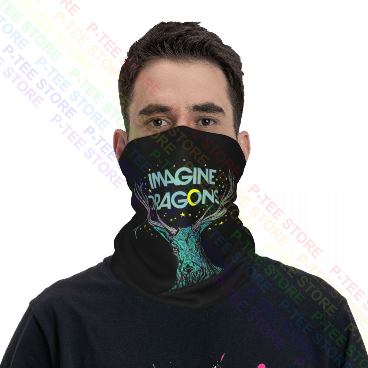 Imagine dragões alces em estrelas merch pescoço gaiter bandana lenço máscara facial unisex correndo alta elástica