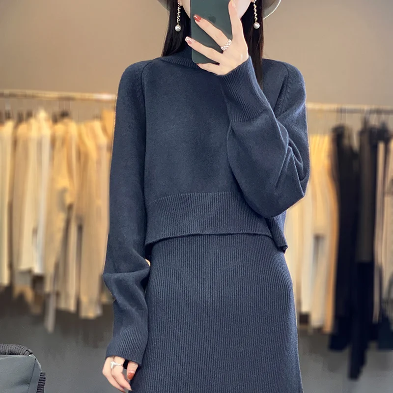 Conjunto de dos piezas para mujer, traje de suéter de Color sólido, manga larga, cuello alto, ropa recta, conjuntos de vestido dividido, otoño e invierno, nuevo