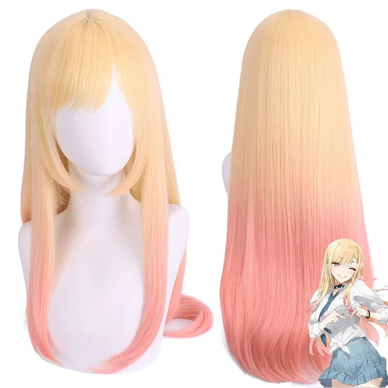 ZSQHET-pelucas de Anime Marin Kitagawa, pelo largo liso degradado teñido de color rosa, accesorios de Cosplay para Halloween, peluca para mujeres y niñas