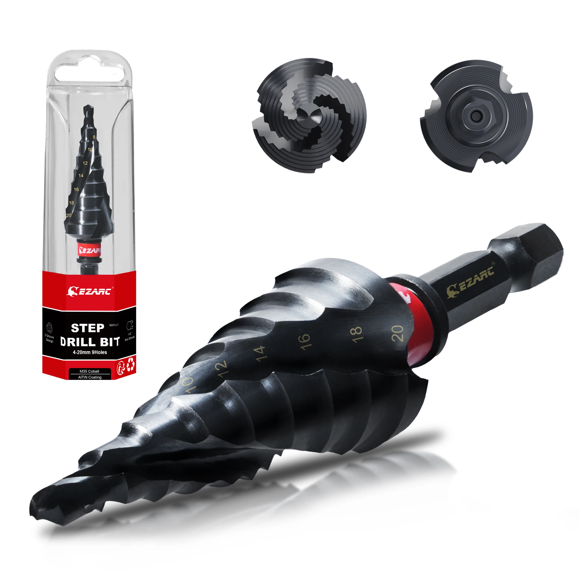 EZARC Step Drill Bit for Metal, 4-20mm M35 Spiral Flute Unibit Step Drill Bit 1PC, Wear-Resistant AlTiN Coated Universal Bit