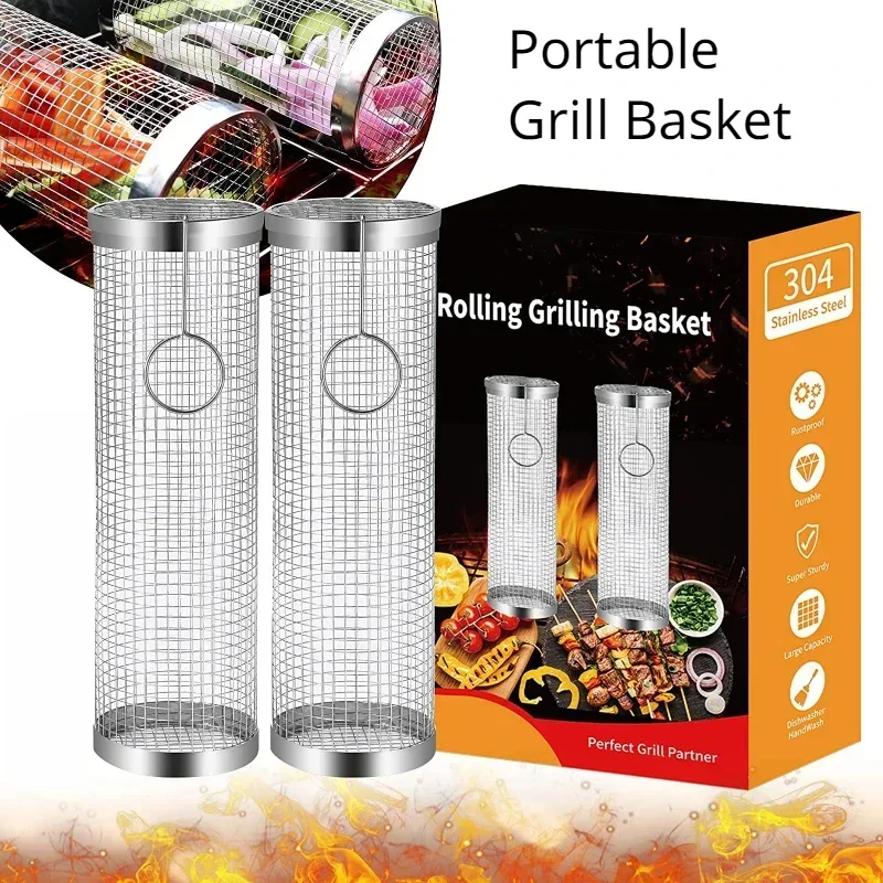 Cestino per griglia in acciaio inossidabile Gabbia per barbecue portatile Cestino per grigliate rotolante Cestino per griglia per barbecue utile Accessori per griglia da esterno