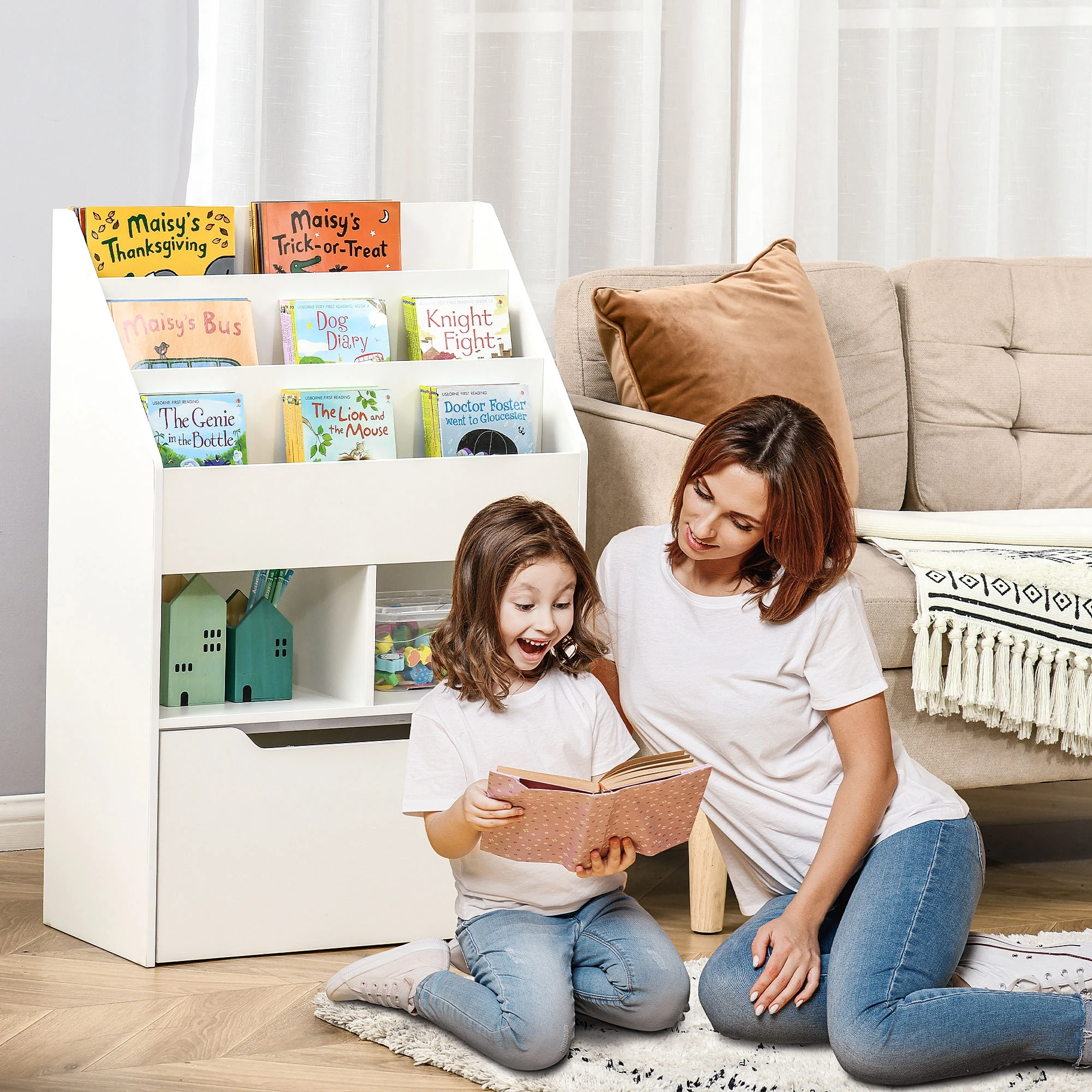 HOMCOM estanteria libreria Infantil con 3 Compartimentos 2 cubos cajon y Ruedas
