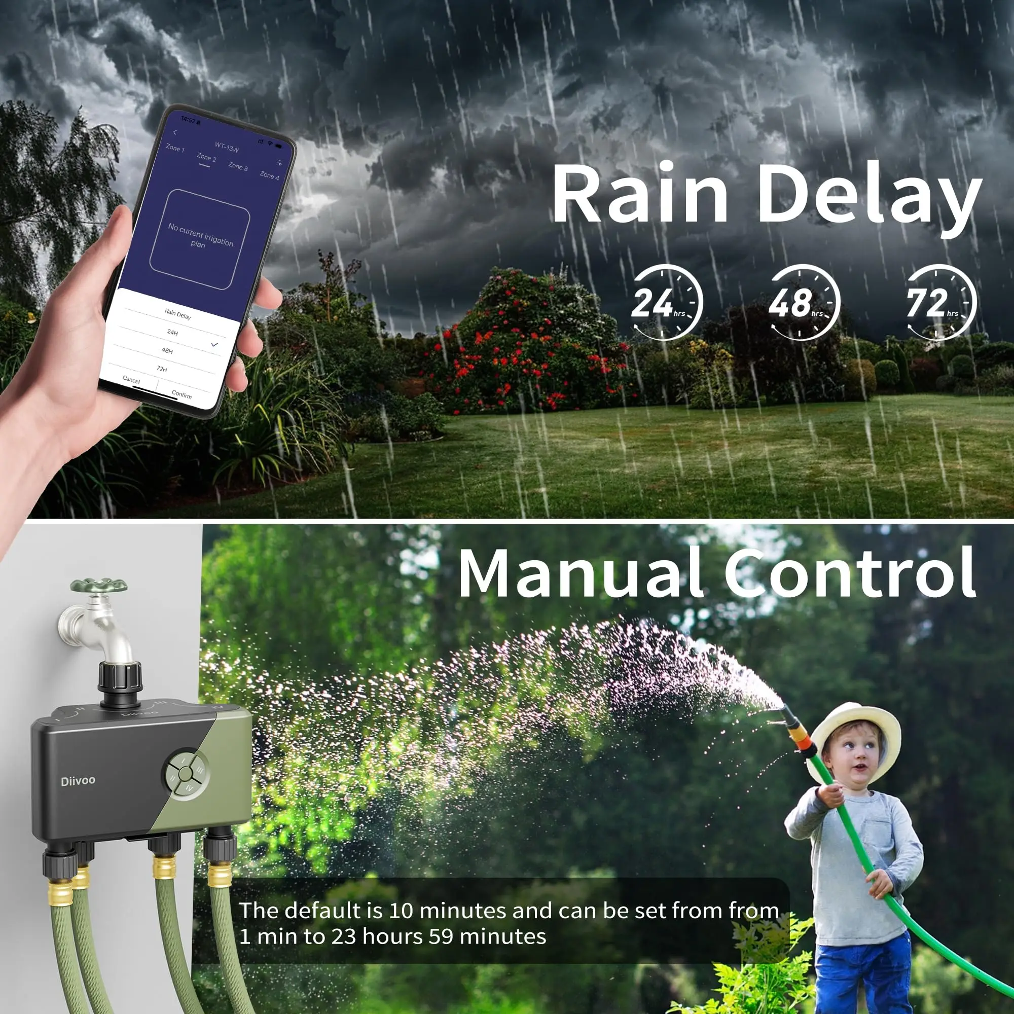 Diivoo Garden Wi-Fi Таймер воды 3/4 зон Автоматический таймер полива Контроллер систем полива с задержкой дождя Ручной полив