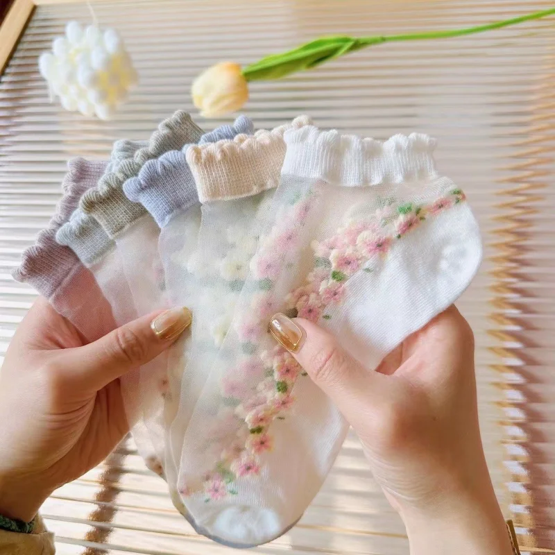 Calcetines tobilleros de encaje de cristal transparente para mujer, calcetines ultrafinos, transpirables, de secado rápido, bonitos calcetines amigables con la piel para primavera y verano