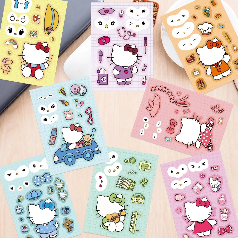 8/16 fogli Cute Hello Kitty Anime Puzzle Stickers fai da te Make-a-Face assemblare Funny Cartoon Decal assemblare Jigsaw Girl Toy Kid Gift