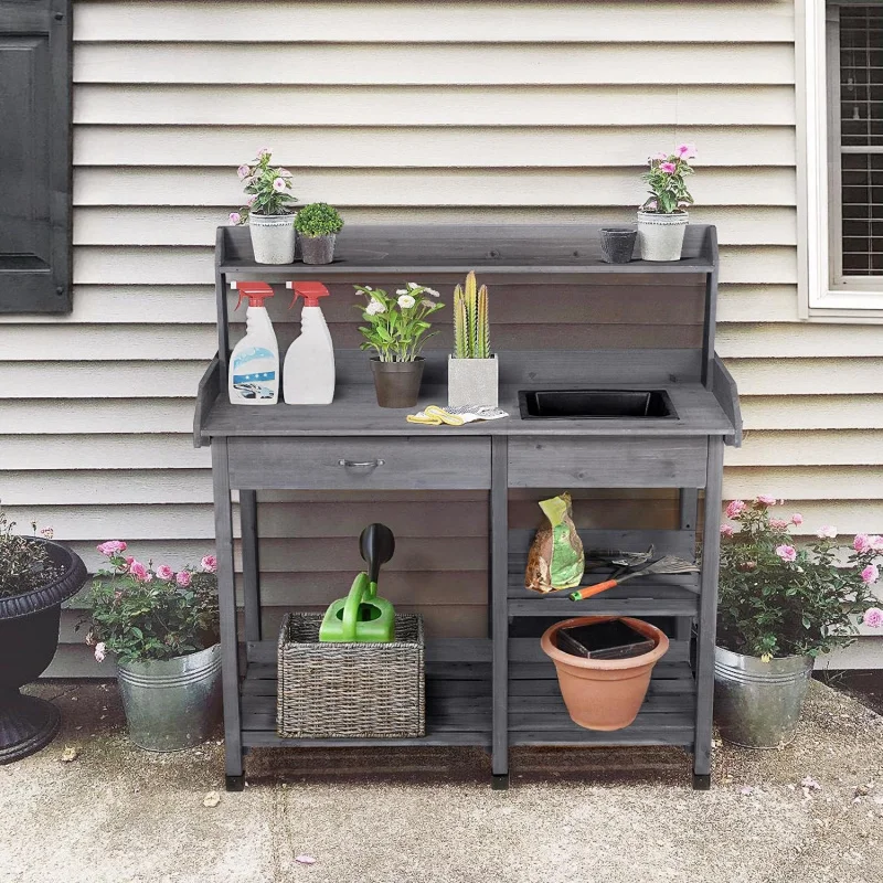 Outdoor Potting Bench Garden Workstation for Horticulture with Drawer, Adjustable Shelf, Removable Sink, Hooks & Pads