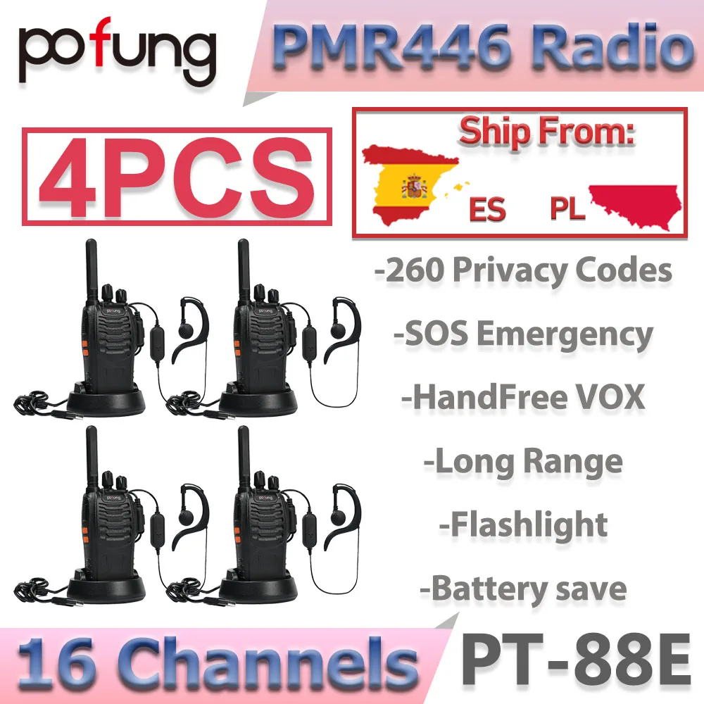 4 Uds Pofung PT88E PMR446 Walkie Talkie 446.00625-446.19375MHz 1500mAh 16CH VOX escáner USB-C cargador baofeng walkie talkie