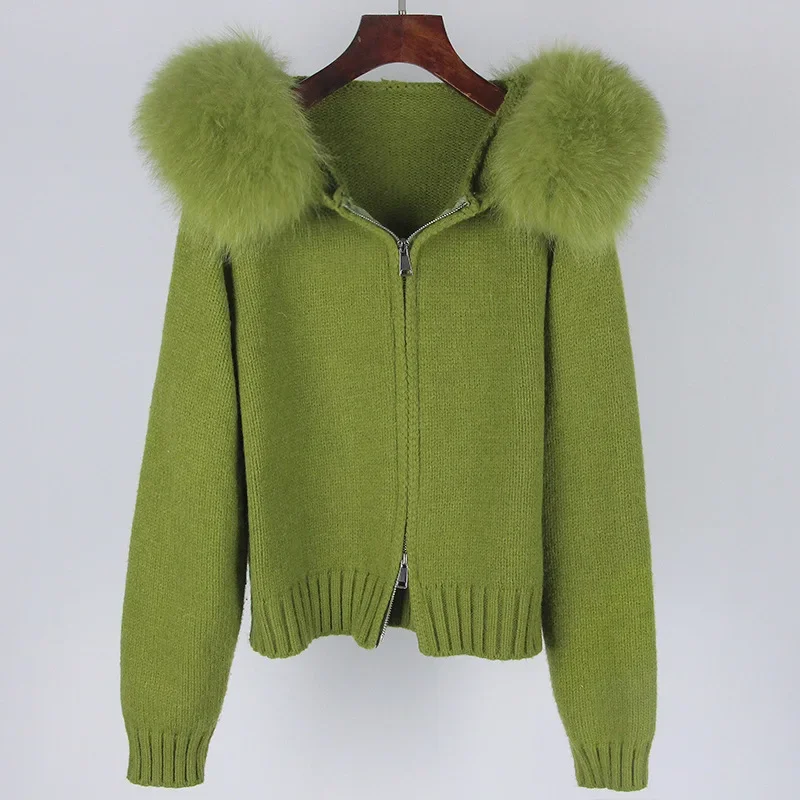 2024 moda americana outono inverno feminino casual com capuz gola de pele de raposa real moda jaqueta curta de malha com casaco de pele natural
