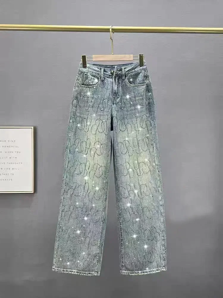 女性用ハイウエストジーンズ,ワイドレッグデニムパンツ,ブルーラインストーン,ルーズフィット,光沢のあるストリートウェア,ファッション