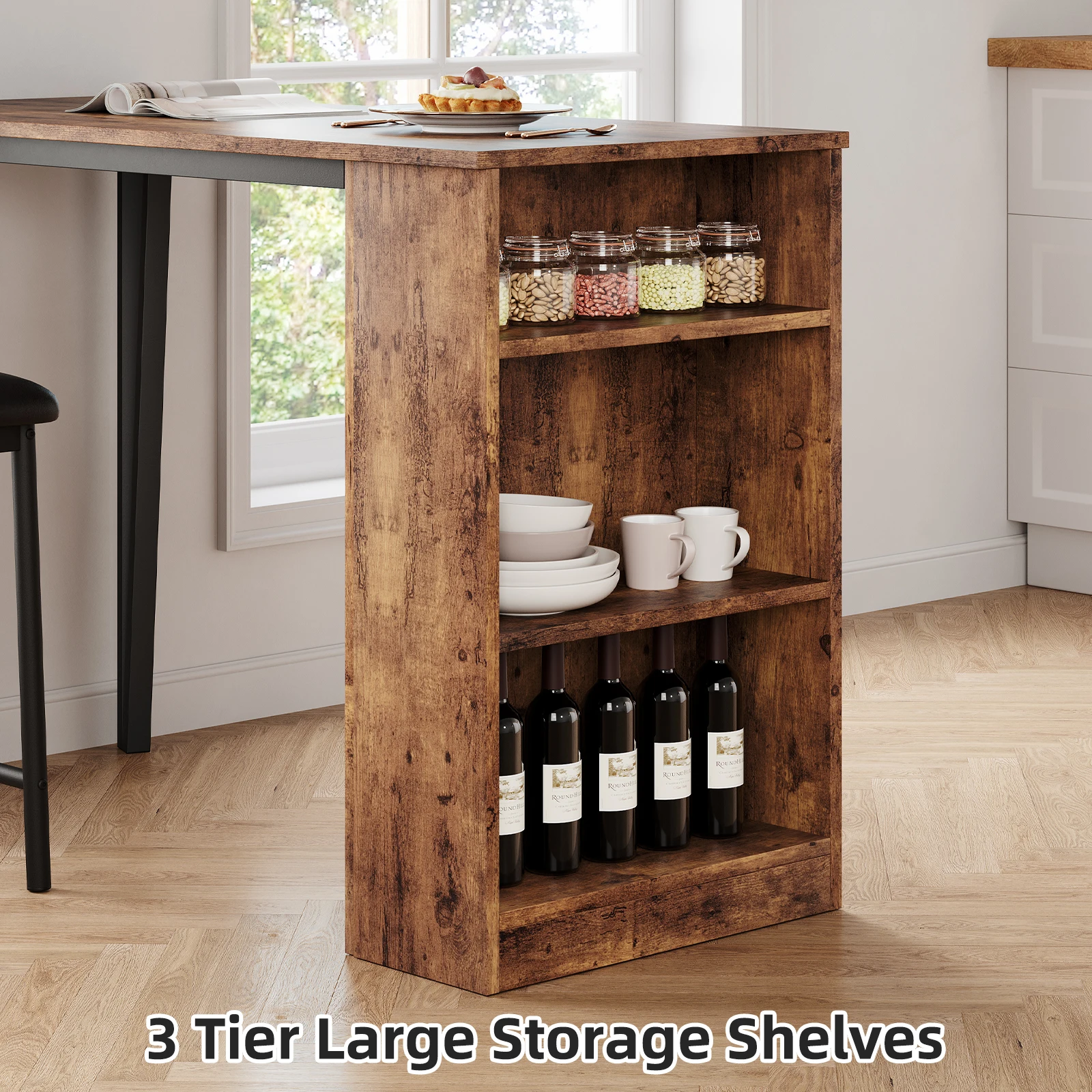 Mesa e cadeiras de bar de cozinha Conjunto de mesa de cozinha de 3 peças com 2 cadeiras estofadas com prateleiras de armazenamento para sala de jantar