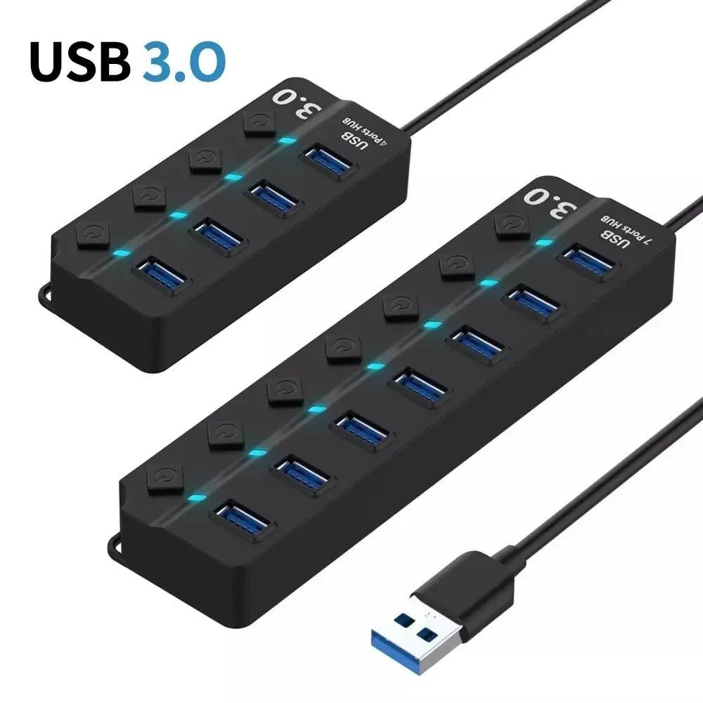 Hub USB 3,0 de 4/7 puertos con indicador LED, Control de interruptor independiente para unidad Flash de ordenador portátil, impresora de disco duro, teclado de cámara