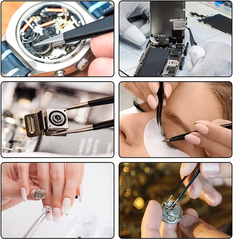 6PCS ESD Anti-Static แหนบสแตนเลส Precision Maintenance อุตสาหกรรมซ่อมโค้งบ้านทํางานมือโทรศัพท์นาฬิกาเครื่องมือ
