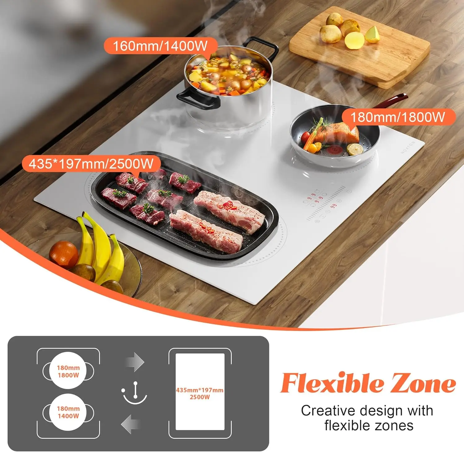 NOXTON Plaque à Induction Blanc/Noir 4 Feux avec Flexzone, Plaque de Cuisson Induction 60 cm Encastrable avec Commande Tactile, Minuterie, Sécurité enfant, 220V-240V, 3500W, avec Prise
