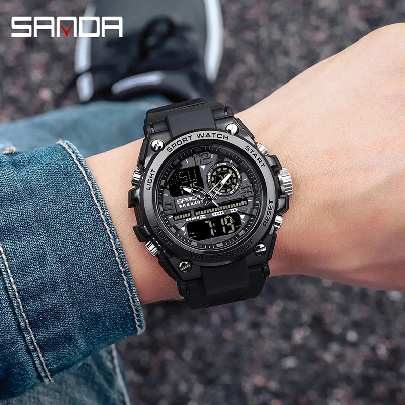 SANDA ผู้ชายกีฬานาฬิกาควอตซ์ Dual Display LED อิเล็กทรอนิกส์นาฬิกาข้อมือดิจิตอลกันน้ํานาฬิกาทหาร Relogios Masculino