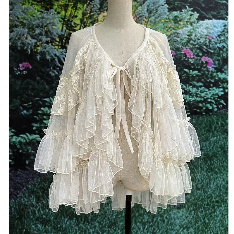Gonna alta bassa con copertura trasparente per tende in vita Lolita a doppio strato con volant asimmetrico