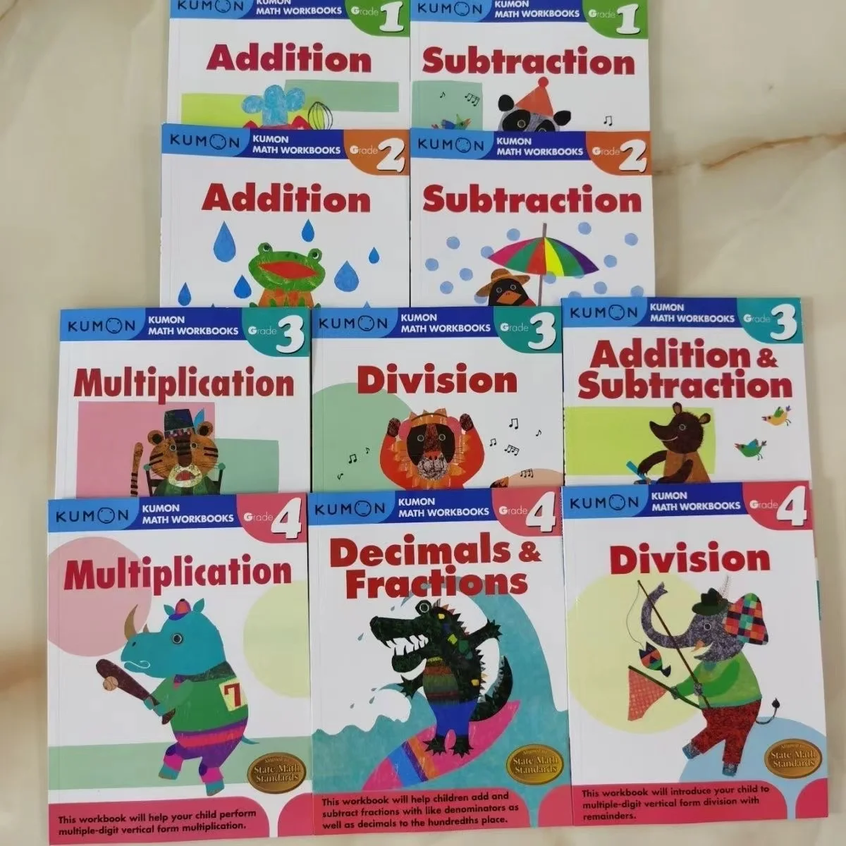 10 libros/juego de documentos Kumon estilo educación matemáticas + escritura + libro de ejercicios de lectura para grados 1-4