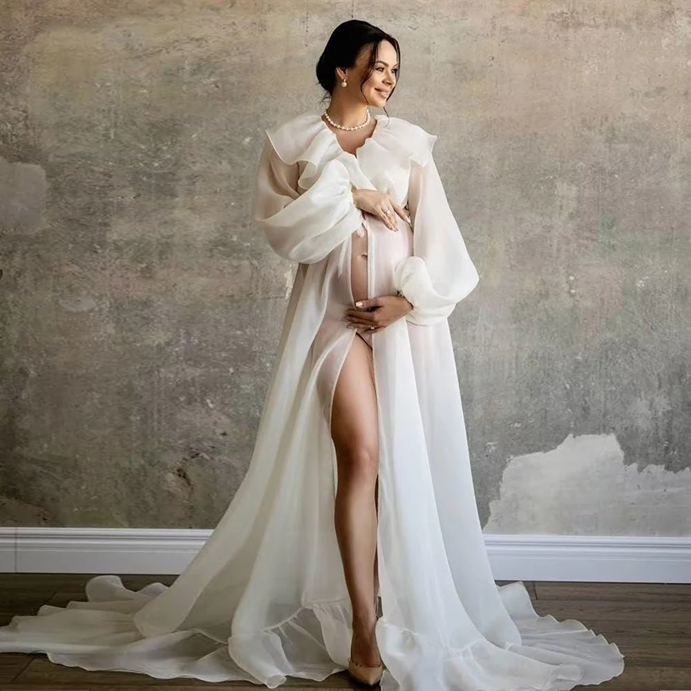 Maternity Photo Shoot Long Chiffon Dress Ruffle Neck Lantern Sleeve With Tie Cord Pregnancy Robe For Baby Shower