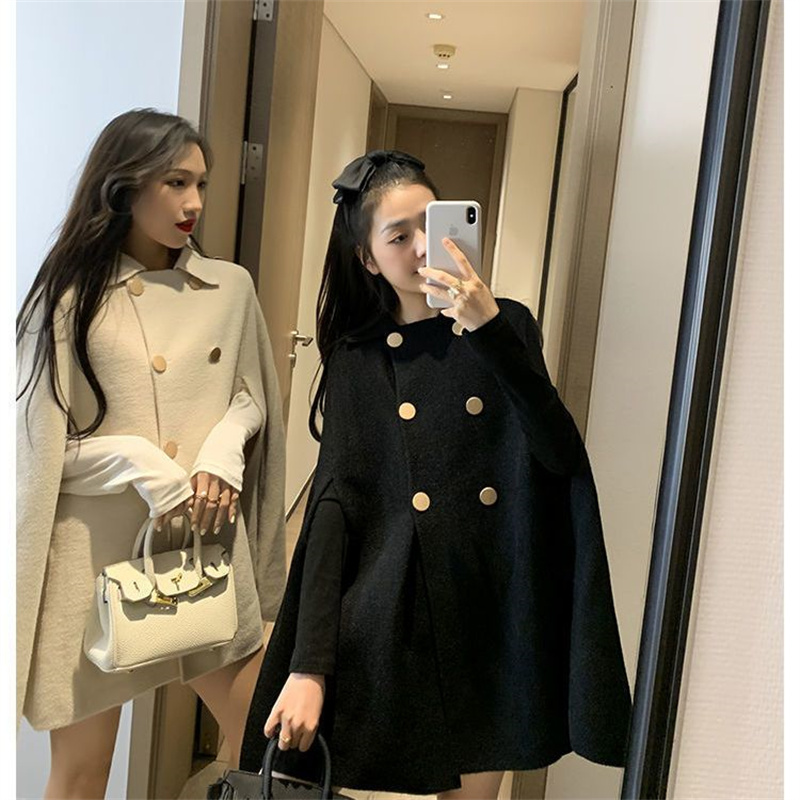 Mode Woolen Poncho Mäntel für Frauen Herbst Winter Solide Cape Mantel Mantel Lose Mantel Weibliche Zweireiher Revers Jacken
