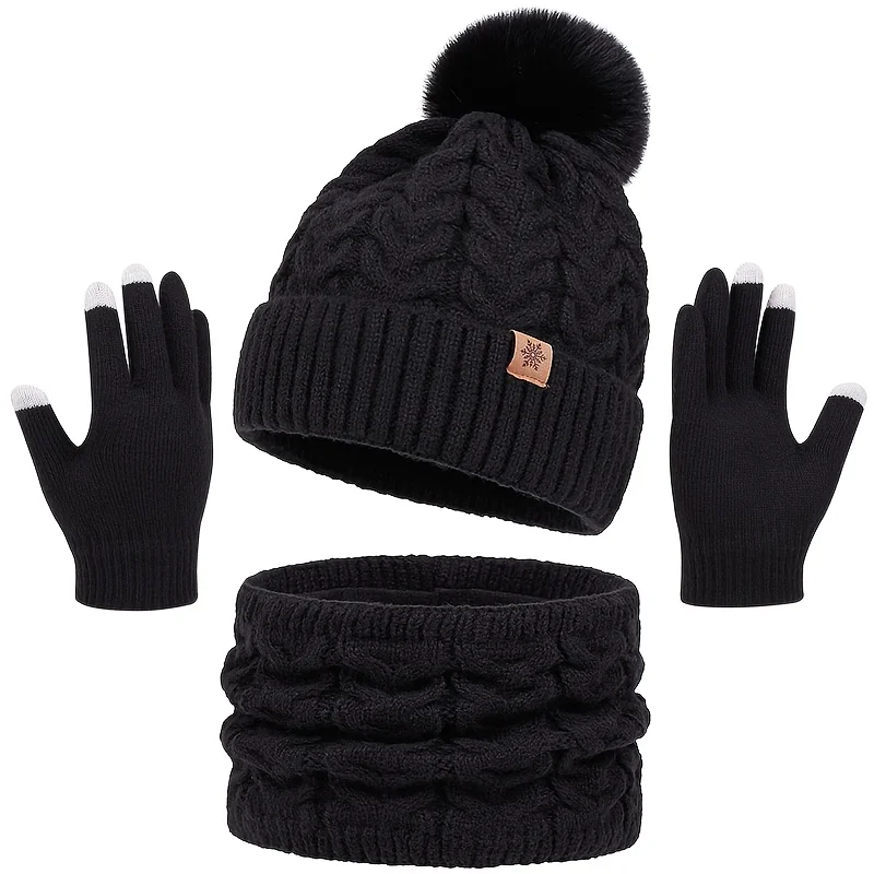 Conjunto de invierno de 3 piezas: gorro, bufanda y guantes. Cálido, engrosado, de moda. Perfecto para actividades al aire libre y uso diario.