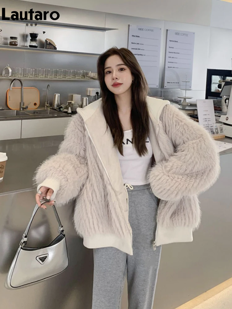 Lautaro automne hiver ample décontracté poilu Shaggy doux chaud fausse fourrure manteau femmes avec capuche fermeture éclair manches longues mode coréenne 2022