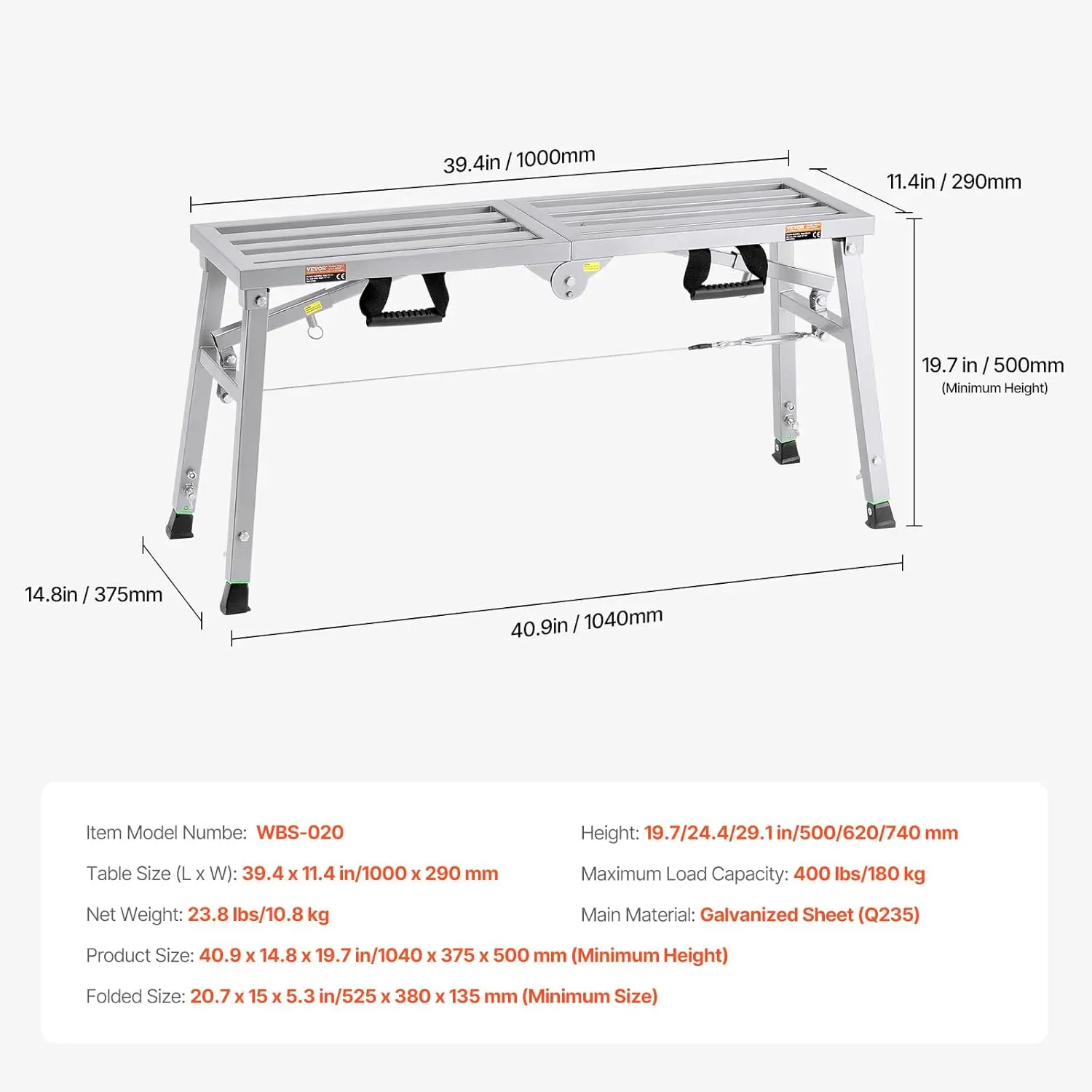 VEVOR Work Platform, 39"x 12" Portable Scaffolding Platform, Folding Steel Step Ladder Adjustable Height 19.7"-29.1"