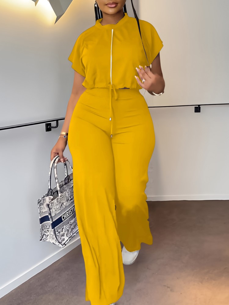 Conjunto informal de dos piezas para mujer, Top de manga corta con cordón y cuello redondo y pantalones de cintura alta, conjunto de traje liso de dos piezas para verano