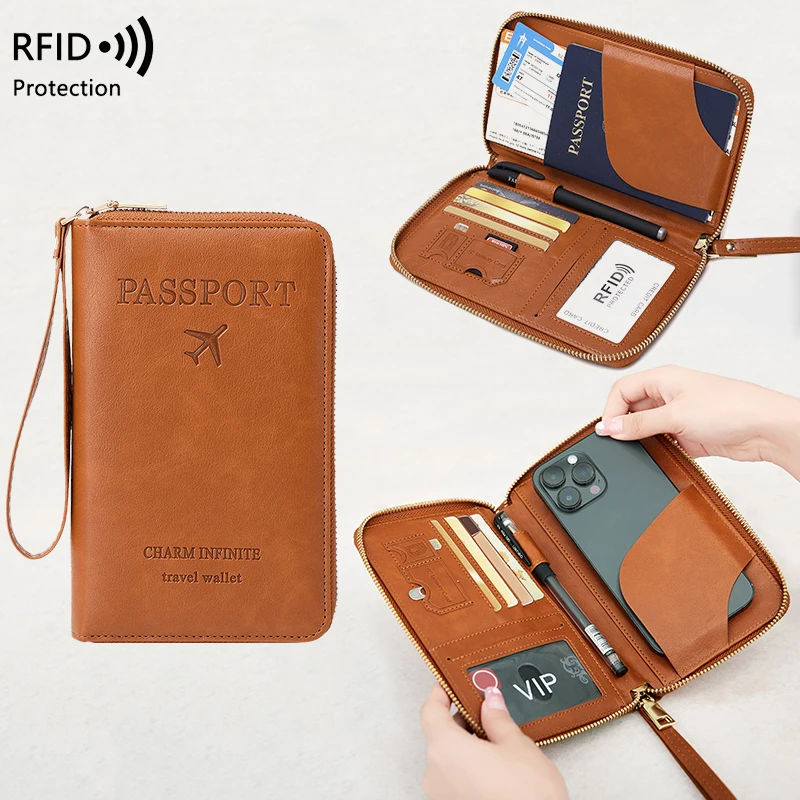 Porta-passaporte com bloqueio RFID, carteira de viagem, bilhete, bolsa para cartão de crédito, carteira multifuncional com zíper e alça de pulso, moda