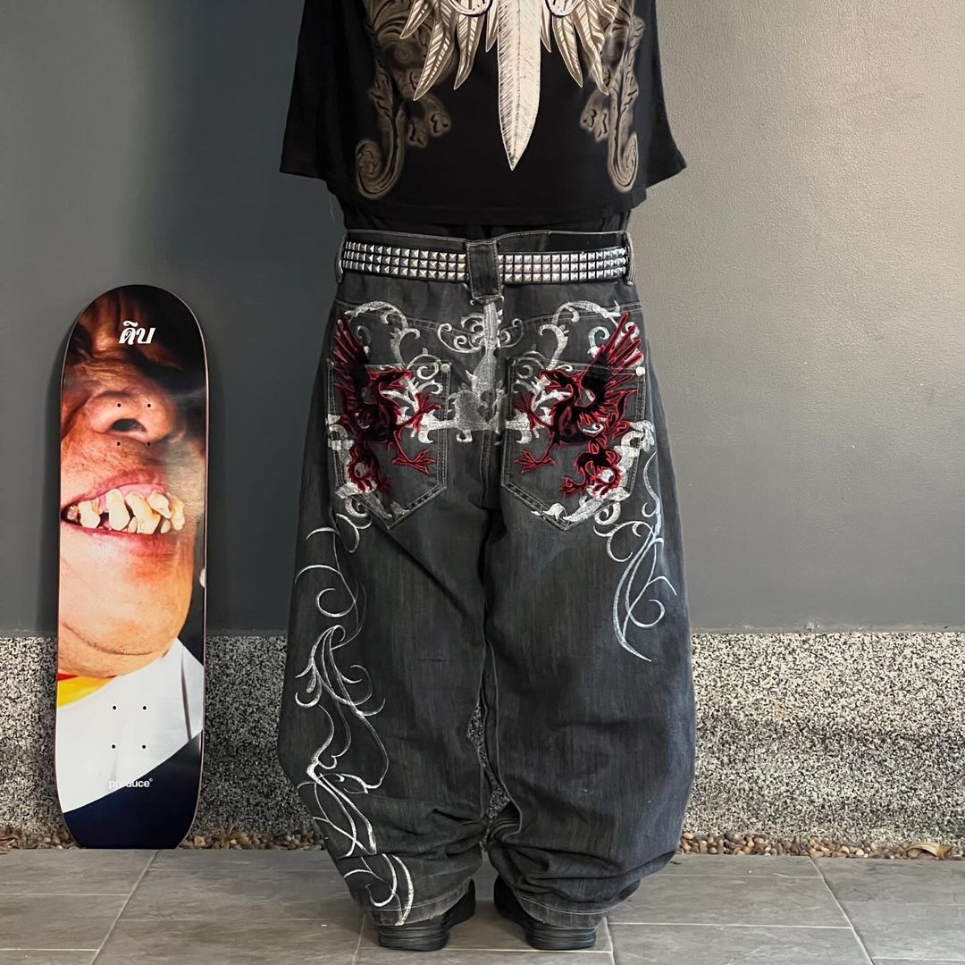 Y2k nova rua harajuku padrão jeans preto baggy jeans hip hop estilo retro calças jeans masculino e feminino cintura alta calças largas