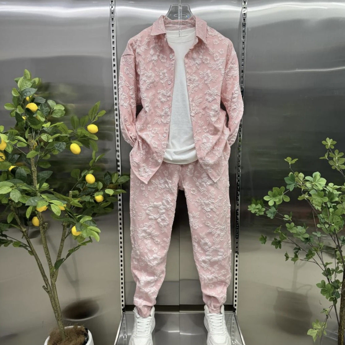 Neue 3D Relief Jacquard Hemd Jacke Zwei-stück Hosen Set Trendy Marke High-end-Casual Sport Anzug