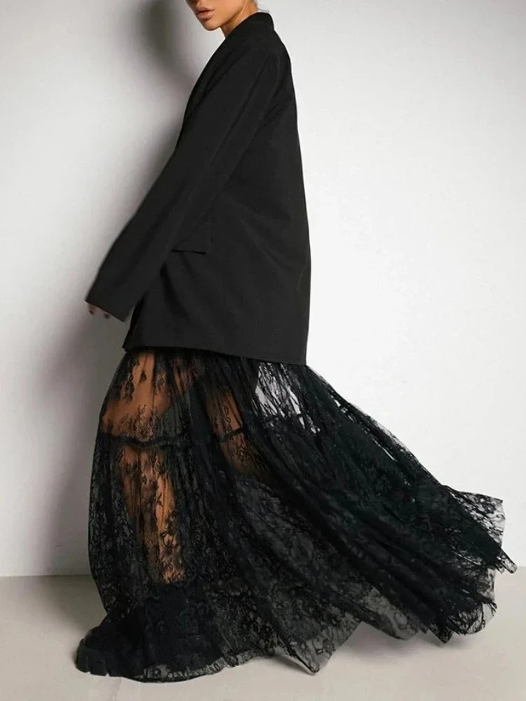 Spitze Jacquard Transparent Rock Frauen Sommer Neue Hohe Taille Sexy Beiläufige Lange Röcke 2025, Streetwear Fashion Schwarz Maxi Rock