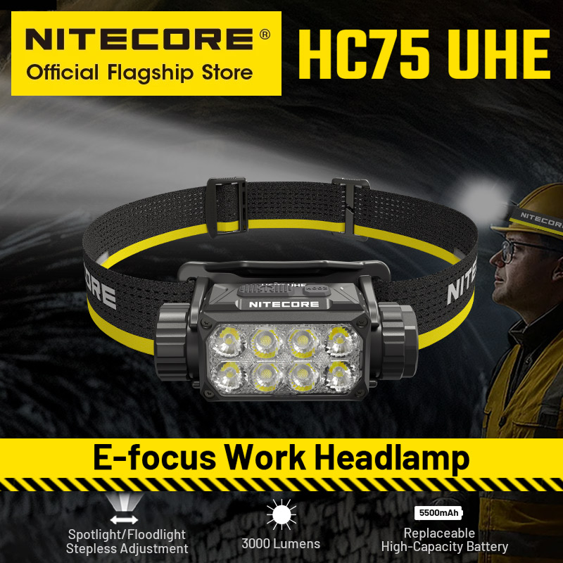 NITECORE HC75 UHE Рабочий налобный фонарь с электронным фокусом, 3000 люмен, перезаряжаемая фара USB-C, прожектор, 5500 мАч, 21700, литий-ионный аккумулятор