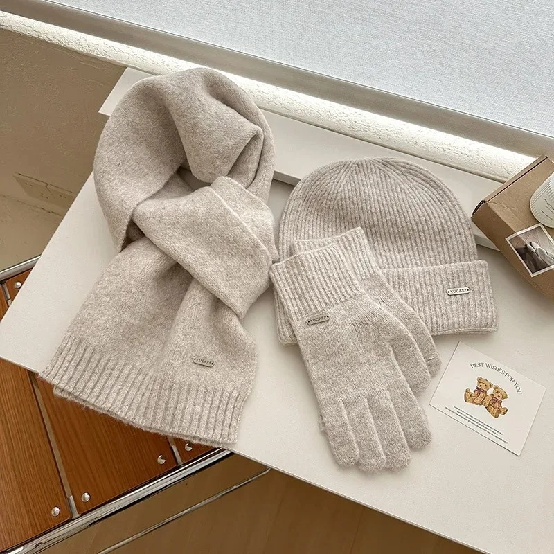 2025Knitted hat scarf gloves three piece set solid color wool autumn and winter warm versatile hat windproof casual scarf