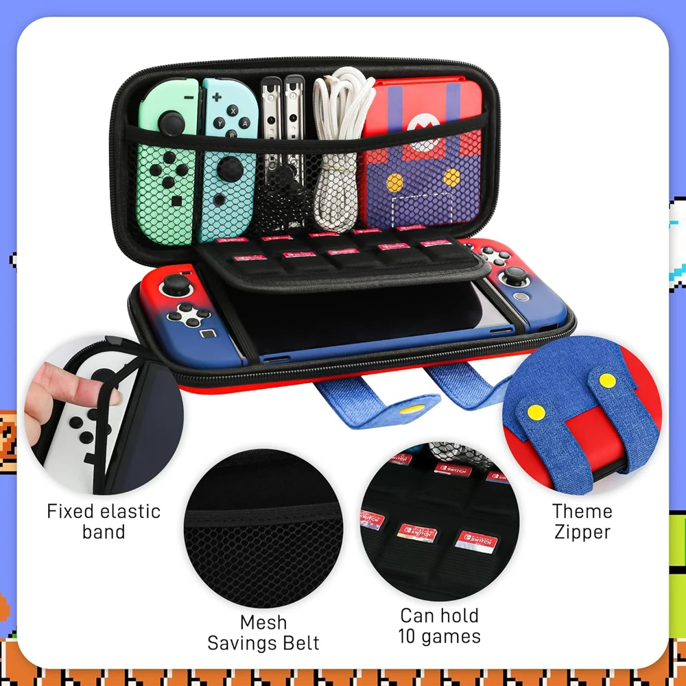 Switch Travel Case Compatible with Nintendo Switch/OLED Cute Portable Switch Carrying Case 10 Game Holders for Mario Cover