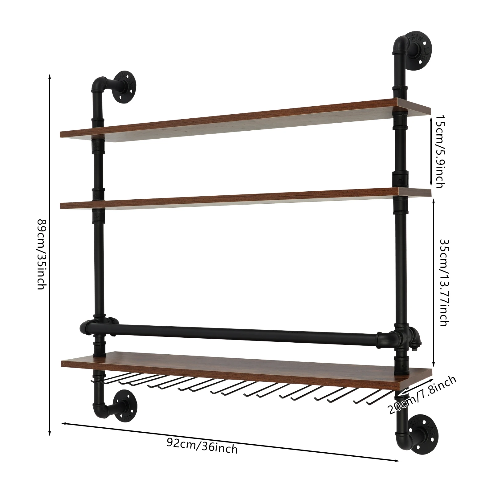 Industrial 3-Tier Wall Mounted Wine Rack with Glass Holders Guard Rails Iron Wood for Wine Bottle Storage Floating Shelves