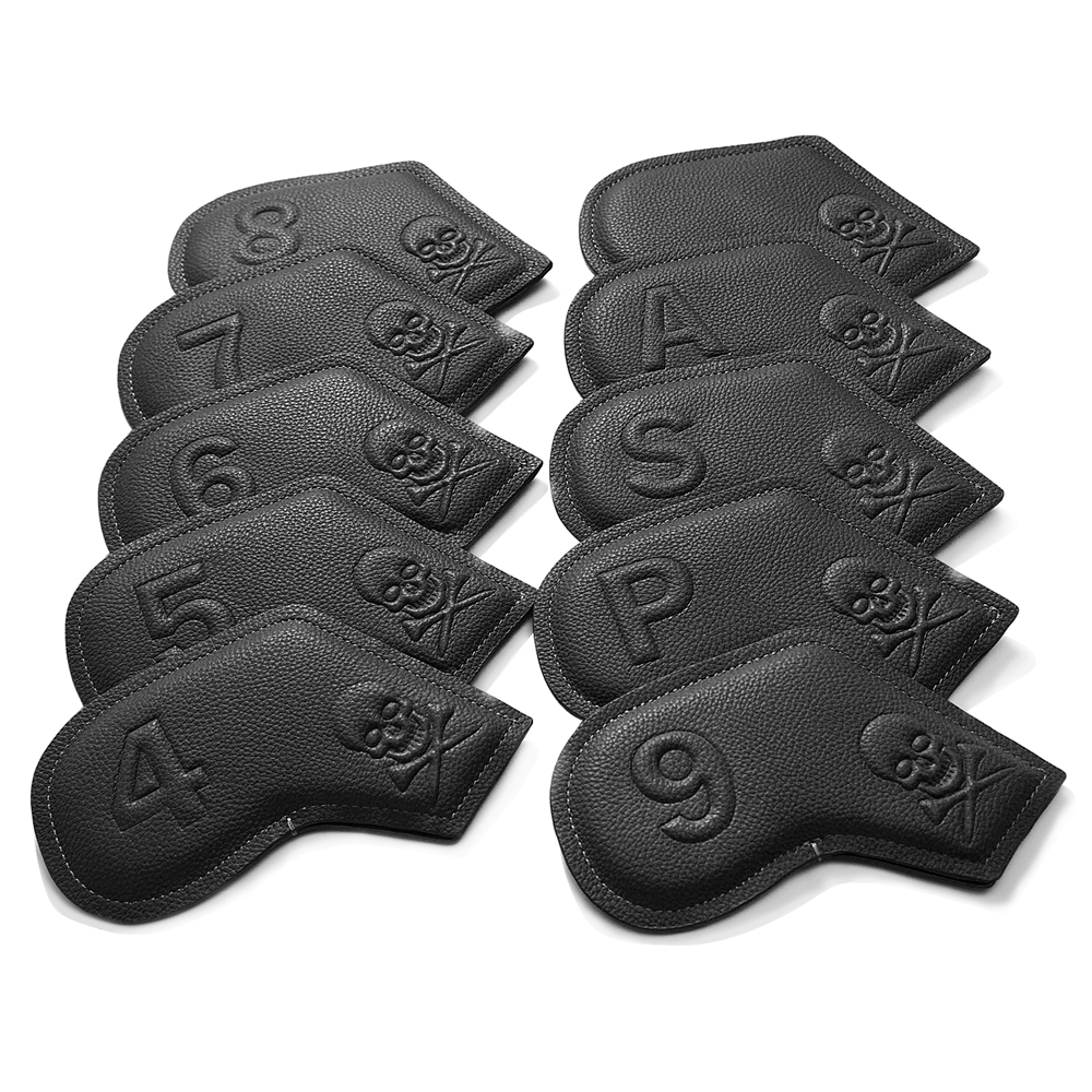10pcs/set Pure Color Leather Embossing Skull Logo Paint Edge Golf Club Headcover Iron Covers