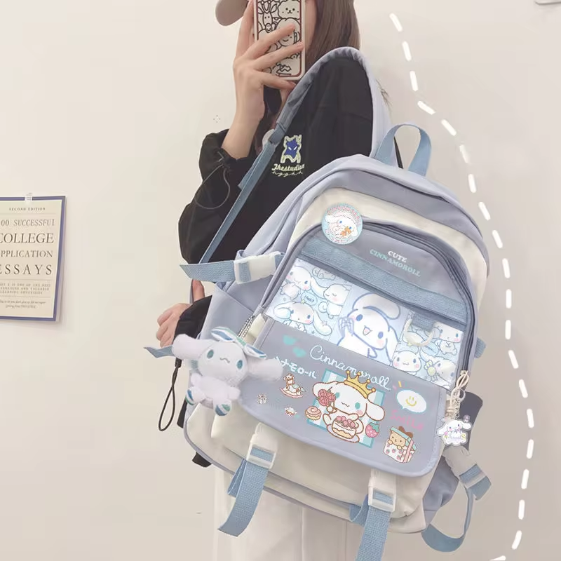 Anime sanrio brinquedo de pelúcia cinnamoroll mochila crianças menina menino preto azul mochila kawaii estudante saco escolar computador grande presente