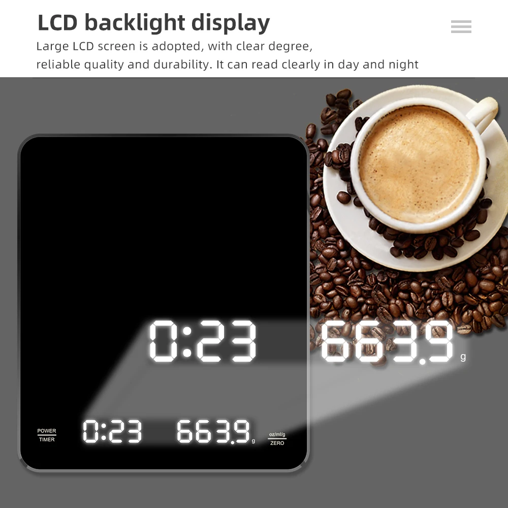 3kg/0.1g LCD Display Coffee Scales 250mAh Oz/ml/g Balance With Timing High Accuracy Heat Resistance 135 ℃ Weight Measurement