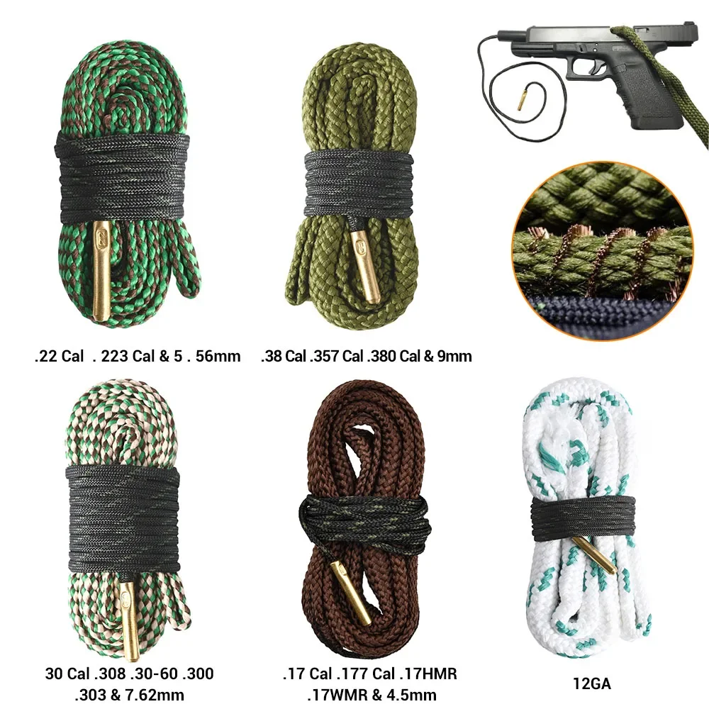 Limpiador de agujeros para pistola de caza. 22 Cal.223 Cal.38 Cal y 5,56mm, 7,62mm, Kit de limpieza de Rifle 12GA, herramienta, barril de pistola, cepillo de cuerda Cal