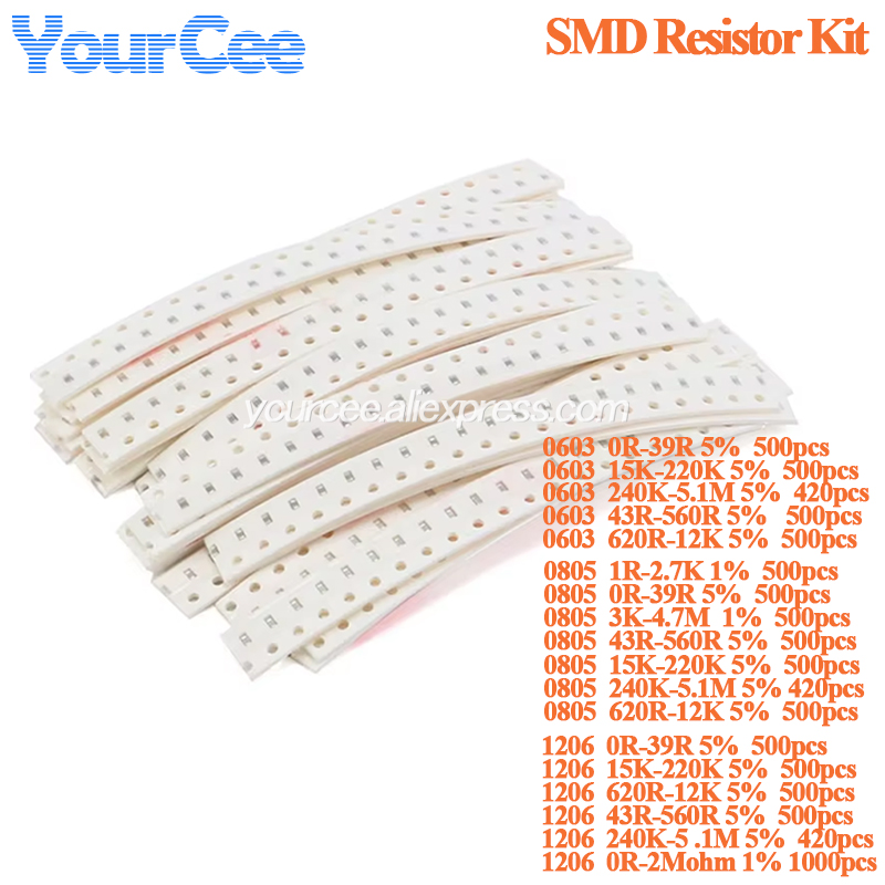 420pcs-1000pcs SMD 1206 0603 0805 Resistor Kit Assorted 5% 1%  0R-39R 43R-560R 620R-12K 15K-220K Resistance Electronic Component