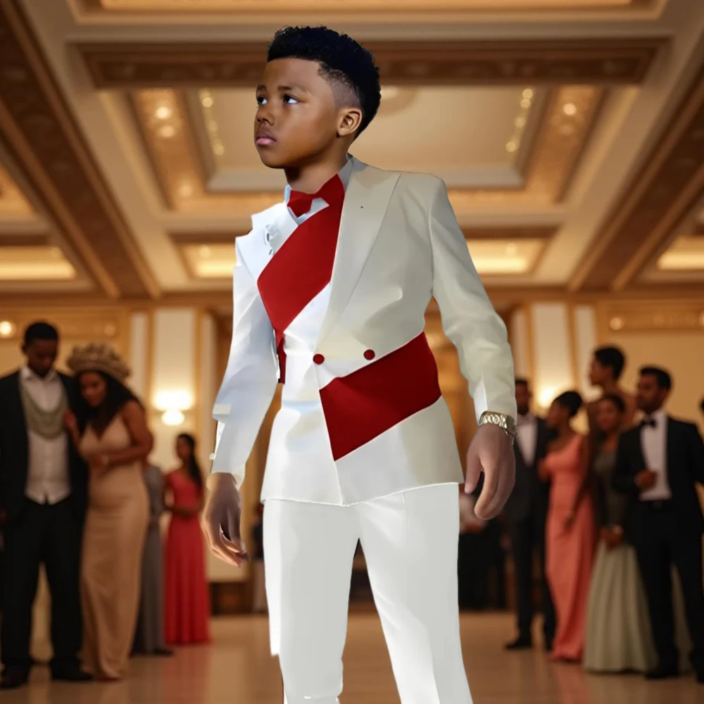 Satijnen jongenspak 2-delige set witte jas met dubbele rij knopen en broek bruiloft smoking kinderen voor 2-16 jaar oude jongen slim fit pak
