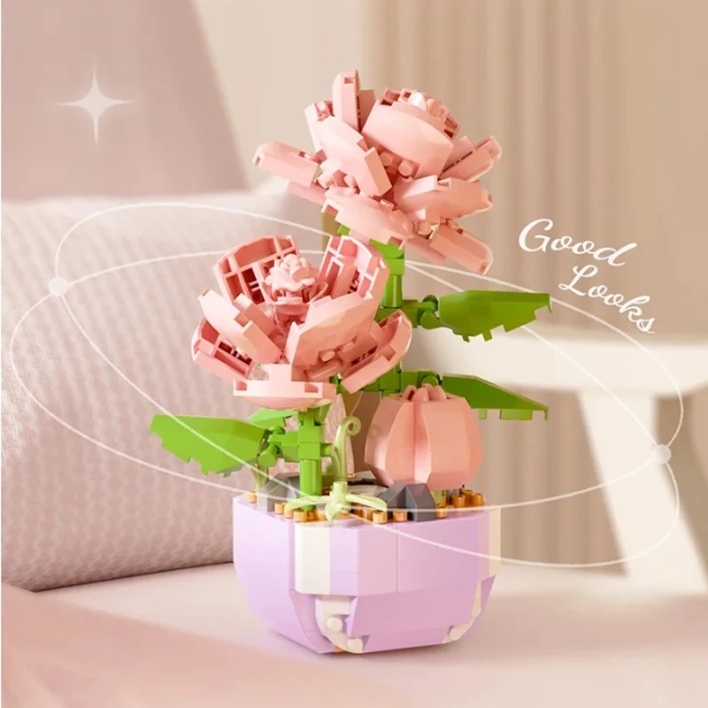 Blocos de construção de flores românticas, bonsai eterno, jardins de árvores, micro tijolos, faça você mesmo, modelo de plantas em vasos, kits criativos para crianças, brinquedos