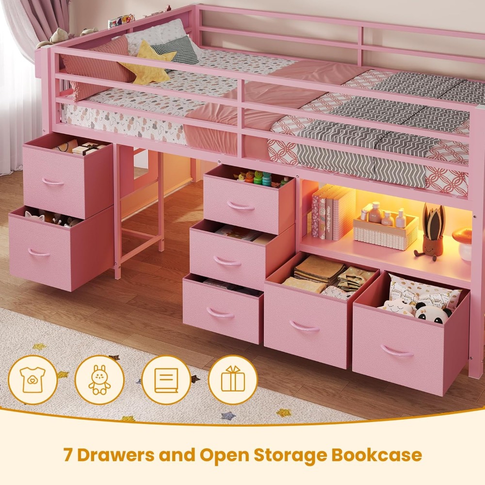Low Loft Bed Twin Size with 7 Storage Drawers, Bookcase and LED Lights, Metal Kids Loft Bed with 14 H Safety Guardrail,